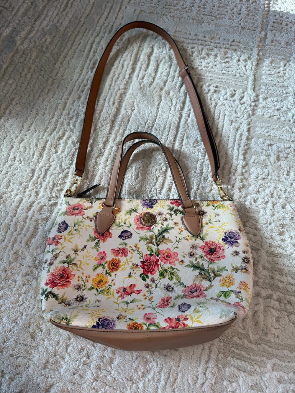 Anne Klein Floral Tote Bag with Tan Trim